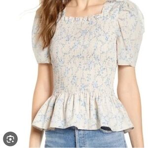 Rachel Parcell White Smocked Floral Puff Sleeve Peplum Top XXL